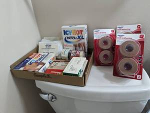 lot 759 image: Self-Adhering Bandages, Ace Bandage, Ice Hot Patches and Molefoam Padding.