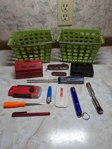 lot 769 image: Small Tool Sets, Swiss Army Knives, and (2) Small Baskets.