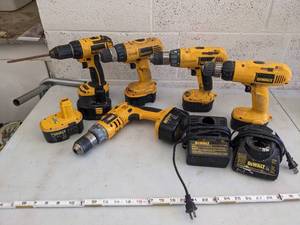 lot 1038 image: (5) DeWalt Drills (7) Batteries (2) Chargers  Tested And All In Working Order