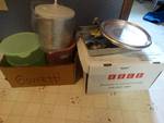 Tupperware lids, 2 containers, mixer, small bulbs, misc.