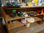 Wood shelf & contents= weights, sprinkler, misc.