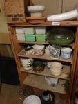 Wood shelf & contents- planters, plant food, spikes