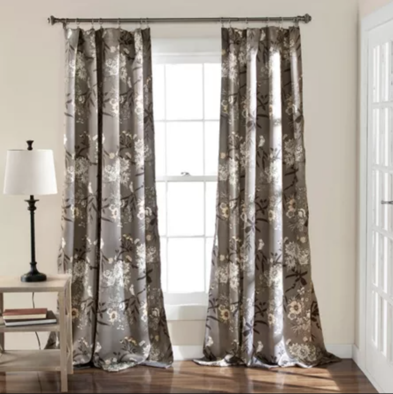 lot 345789 image: CURTAIN- 2 Piece Window Panel 95H x 52W Light Filtering. Botanical Garden Gray. msrp $135