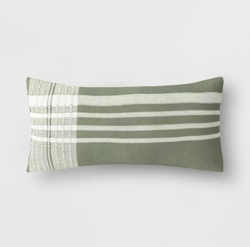 lot 509649 image: THROW PILLOW- Striped OUTDOOR Lumbar Pillow. GreenIvory