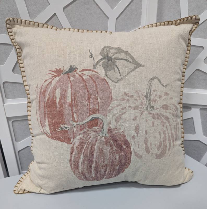 lot 100292 image: THROW PILLOW-18 x 18 Pumpkins wStitching. Neutral