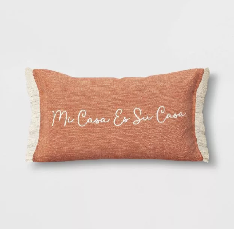 lot 100308 image: THROW PILLOW- 20 x 12 Lumbar Embroidered mi casa es su casa. RustCream