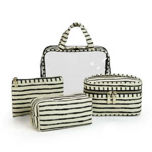 lot 1125 image: Sophia Joy 4-Piece Multi-Use Organizer Bag Set for Makeup Toiletries and Accessories. Includes Striped Canvas Flat Zipper Pouch Train Case Elongated Brush Bag and Clear Tote with Matching Handles
