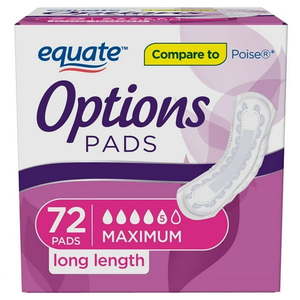lot 2927 image: Equate Options Women s Incontinence Pads Maximum Absorbency Long Length (72 Count)