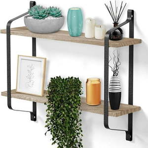 lot 1017 image: Halter 2 Tier Floating Wall Shelves with Bar Brackets for Kitchen Bathroom Medium 3.3 lb (Natural)