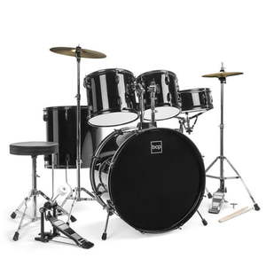 lot 1104 image: Best Choice Products 5-Piece Beginner Drum Set w Snare Bass Toms Cymbal Hi-Hat Sticks Chair Drum Pedal - Black