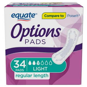 lot 2924 image: Equate Options Incontinence Pads for Women Light Absorbency Regular Length (34 Count) 2 Pack