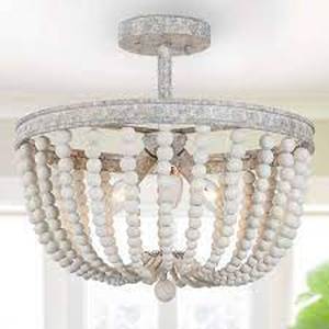 lot 1051 image: LNC 16 in. Boho White Wood Beaded 3-Light Semi-Flush Mount Basket Ceiling Light