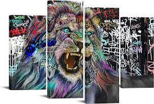 lot 1101 image: 4 Panel Graffiti Lion Canvas Art Pictures Wall Decor The Lion King Abstract Artwork Black and White Lion Head Framed Canvas Prints Painting Modern Street Art Home Decor