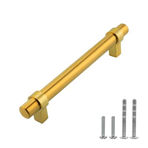 lot 1084 image: 5 Packs Brushed Gold Euro Bar Cabinet Handle 304 Stainless Steel 6-58 Overall Length, 5 (128mm) Hole Centers, Brushed Satin Brass Gold Retail $31.54