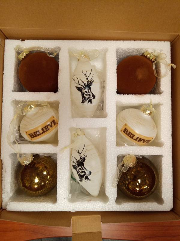 lot 1346 image: Rustic Glass Christmas Ornament Set 8 pc Retail $29.99