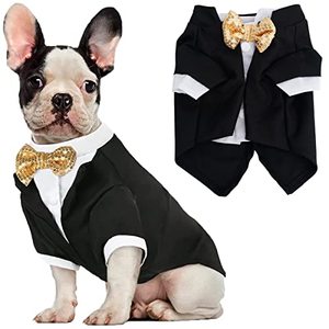 lot 1092 image: Dog Tuxedo, Formal Dog Clothes Shirt Costume Wedding Attire Party Bow Tie Suit, (M) Retail $15.99