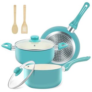 lot 1094 image: Pots and Pans Set Ultra Nonstick, 7 Piece Ceramic Cookware Sets, Non Toxic Pots and Pans, Turquoise Retail $41.23