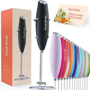 lot 1030 image: Powerful Handheld Milk Frother Mini Milk Foamer Battery Operated (Not included) Stainless Steel with Frother Stand Retail $9.99