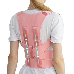 lot 1038 image: DENGUST Posture Corrector for Womens and Mens, Adjustable Breathable Back Straightener, Upper Back Brace for Clavicle Support and Providing Pain Relief from Neck, Back & Shoulder Pink S Retail $79.99