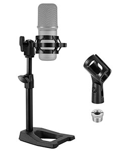 lot 1054 image: Mic Stand Desk with Weighted Base, Adjustable Height Table Stand with Shock Mount & 38 to 58 Adapter and Mic Clip Retail $16.26