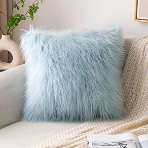 lot 1079 image: MIULEE Faux Fur Pillow Covers Luxury Fluffy Mongolian Series Style Throw Pillow Case Decorative Fuzzy Cushion Cover for Sofa Bedroom Car, 18x18 Inch Light Blue Retail $14.99