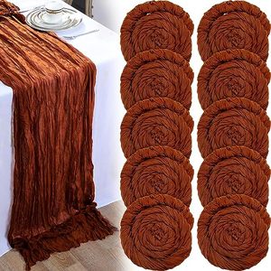 lot 1091 image: 10 Pack Cheesecloth Table Runners Wide Gauze Table Runners Boho Table Runners for Bridal Shower Wedding Birthday Party Table Decorations (Rust Red, 35 x 157 Inch) Retail $51.55