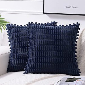 lot 1096 image: 2 Packs Navy Blue Decorative Throw Pillow Covers 18x18 Inch with Pom-poms Retail $17.22