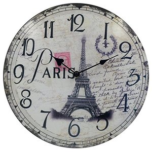 lot 1103 image: HIPPIH Silent Round Wall Clocks (12 Inches) Living Room Decorative VintageCountryFrench Style Wooden Clock(Round Eiffel) Retail $15.19