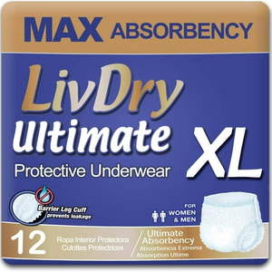 lot 1114 image: LivDry Unisex Adult Incontinence Underwear Ultimate Comfort Absorbency (X-Large 12-Pack) Retail $36.99