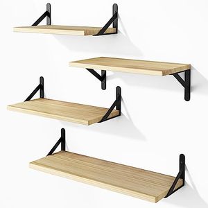 lot 1134 image: YGEOMER Floating Shelves, Rustic Wood Shelves, 4 Sets of Wall Mounted Shelf for Bathroom Decor, Bedroom, Living Room and Plants (Natural) Retail $29.99