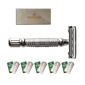 lot 1143 image: VIKINGS BLADE The Chieftain Safety Razor  5 Swedish Platinum Super Blades  Carry Case Retail $31.87