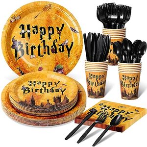 lot 1154 image: Magical Wizard Birthday Party Supplies, Plates and Napkins Decor Set, Disposable Paper Plates Napkins Cups Knives Spoons Forks for Kids Birthday Party Decorations, Serve 25 Retail $25.56