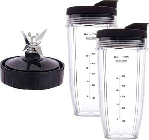 lot 1158 image: Revorit Blender Replacement Parts for Ninja, 2 24oz Cups with To-Go Lids, 7 Fins Extractor Blade, for Nutri Ninja Auto iQ BN801 BL480-30 BL640-30 BL642-30 NN100-30 BL2012 (2 Pack) Retail $38.14