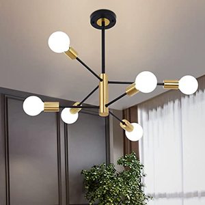lot 1164 image: 6-Light Modern Sputnik Chandelier, Mid Century Black Gold Ceiling Chandeliers,E26 Base,Branch Height Adjustable Pendant Lighting Fixture for Kitchen Island Dining Room Living Room Bedroom Retail $61.86