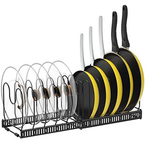 lot 1179 image: BesChase Pots and Pans Organizer, Expandable Pot Rack with 12 Adjustable Dividers, Pot Pan Lid Organizer Holder for Cabinet Countertop Cupboard Kitchen Storage HKA0001 Black Retail $24.29