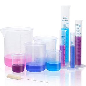 lot 1196 image: Plastic Graduated Cylinders and Beakers, 10ml, 25ml, 50ml, 100ml Cylinders with 50ml, 100ml, 250ml, 500ml, 1000ml Beakers and 1 Tube Brush, Ideal for Home and School Science Lab Retail $18.43