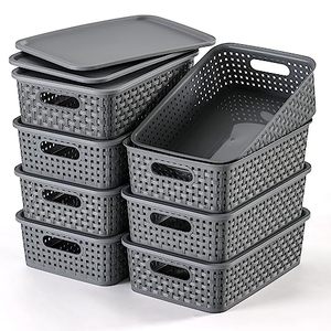 lot 1201 image: NETANY  8 Pack  Plastic Storage Baskets With Lids, Small Pantry Organization, Stackable Storage Bins, Household Organizers for Cabinets, Countertop, Drawers, Under Sink or On Shelves,Gray Retail $26.29
