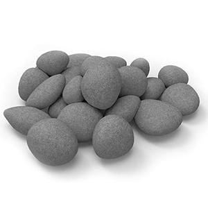 lot 1204 image: 24 PCS Fireplace Ceramic Pebbles for Firepits for All Types of Indoor, Gas Inserts, Ventless & Vent Free, Electric, or Outdoor Fireplaces & Fire Pits. Realistic Clean Burning Accessories (grey) Retail $33.19