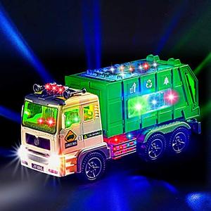 lot 1206 image: Toy Garbage Truck for Kids with 4D Lights and Sounds - Battery Operated Automatic Bump & Go Car - Sanitation Truck Stickers Retail $29.97