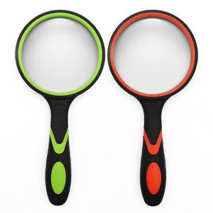 lot 1216 image: 2 Pack 75mm 10X Handheld Magnifying Glass Shatterproof Reading Magnifier, Real Glass Lens with Non-Slip Rubber Handle (OrangeGreen) Retail $11.68