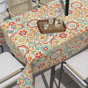 lot 1227 image: Outdoor Rectangle Tablecloth, 60x84 Inch Water Repellent Picnic Table Cover with Umbrella Hole Zipper for Patio Family Meal, Flower Multi Retail $31.44