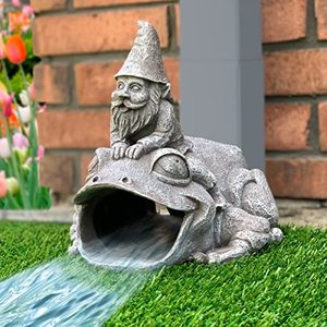 lot 1239 image: Gutter Downspout Extension - Downspout Splash Block - Downspout Diverter Garden Statue (Gutter in The Form of Funny Gnome on a Frog) Retail $32.95