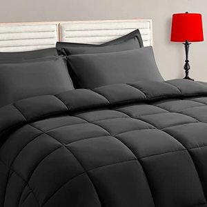 lot 1241 image: TAIMIT Queen Size Comforter Set - 7 Pieces, Bed in a Bag Bedding Sets with All Season Soft Quilted Warm Fluffy Reversible Comforter,Flat Sheet,Fitted Sheet,2 Pillow Shams,2 Pillowcases,Dark Grey Retail $70.99
