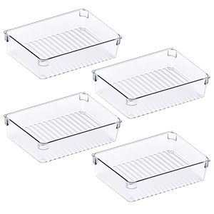 lot 1242 image: Kootek 4 Pack Large Drawer Organizer, Bathroom Drawer Organizer Trays Plastic Organizers Kitchen Utensils Silverware Gadgets Dividers Desk Storage Bins Container for Makeup Dresser Cosmetic Office Retail $13.63