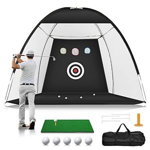 lot 1246 image: Golf Practice Net, 10x7ft Golf Hitting Aids Nets for Backyard Driving Chipping, Home Golf Swing Training with Targets 1 Golf Mat  5 Golf Balls  1 Golf TeesBag - Men Indoor Outdoor Sports Game Retail $89.69