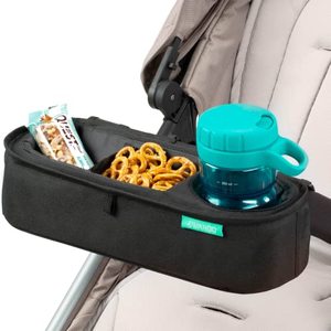 lot 1272 image: Universal Stroller Tray with Insulated Sippy Cup Holder - Upgraded Rigid Frame Stays Upright - Exclusive Non Slip Straps Firmly Grip Stroller Bar. Universal Stroller Snack Tray Attachment Retail $34.01