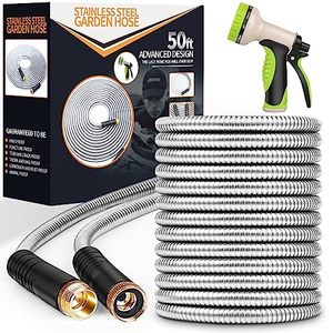 lot 1281 image: Unywarse Metal Garden Hose 50ft, Heavy Duty Stainless Steel with 10 Function Nozzle Flexible, Lightweight, Kink Free & Tangle Free, Pet Proof, Puncture Proof for Yard, Outdoor Retail $48.83