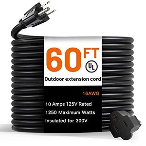 lot 1283 image: 60 Feet Outdoor Extension Cord Waterproof, Black Extreme All Weather 16 Gauge Extensions Cord with Covers, Flexible 100% Copper 3 Prong Extension Cord for Lawn, Garage, UL Listed Retail $36.99