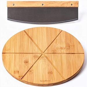 lot 1285 image: Bamboo Pizza Board with Large Knife Wood Pizza Peel 13.5-inch Pizza Cutting Board Set for Uniform Slices Steel Sharp Blade with Cover Double-Sided Wooden Cutting Board Retail $29.99