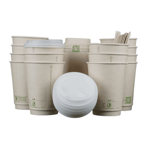 lot 1288 image: 12oz Compostable Coffee Cups by Living Balance. 100 cups with cPLA Lids Stirrers and Integrated Sleeves Retail $52.60